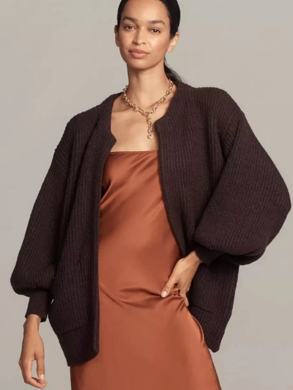 Anthopologie Flat White Cozy Crew-Neck Cardigan Sweater Chocolate Brown OS NWT